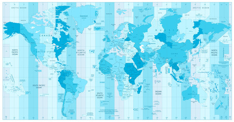 Fototapeta na wymiar World Map with Standard Time Zones in colors of blue