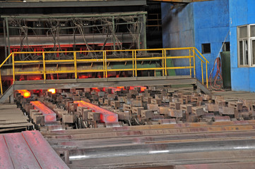 Hot steel in the steel mill workshop production line