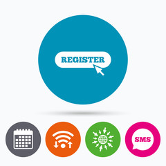 Register with cursor pointer icon. Membership.