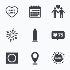 Condom safe sex icons. Lovers Gay couple sign.