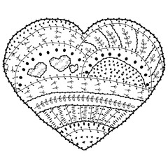 Adult coloring book page Vector heart shaped pattern Ethnic design in whimsical style with floral elements, Black line art on white background