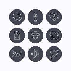 Love heart, gift box and wedding rings icons.