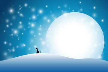 abstract snow background with full moon and sillhouete wolf