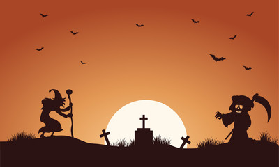 Fototapeta na wymiar Halloween warlock and witch silhouette