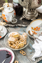 samovar,tea,jam in the style of Russian nature
