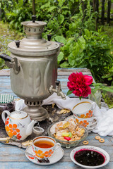 samovar,tea,jam in the style of Russian nature