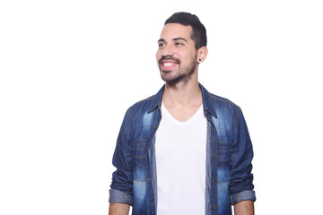 Fototapeta premium Portrait of a young latin man against white background.