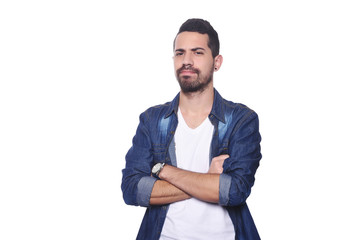 Close up of young latin man serious.