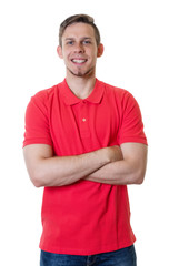 Fototapeta premium Lachender junger Mann im roten Polo