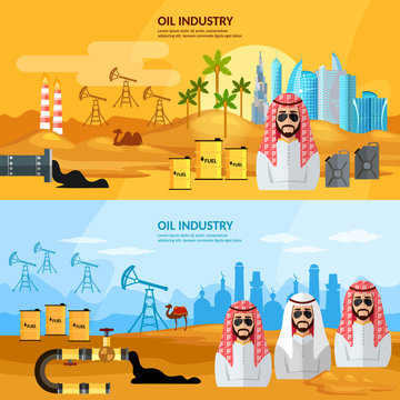 Oil industry in the Arab countries banner, sheiks in desert