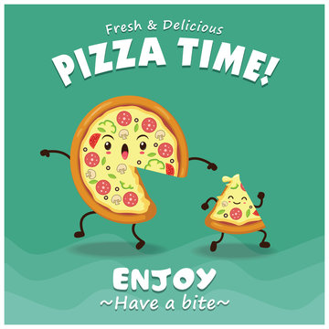 Vintage Pizza poster design with vector pizza character. 