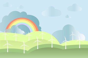 White windmills on green fields, blue sky, rainbow background, vector