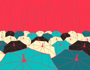 a field of umbrellas under the rain, in red blue and black