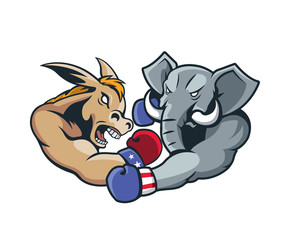 USA Democrat Vs Republican Election Match Cartoon - Aggressive Boxing Day Match
