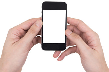 Male hands holding a mobile phone with touch blank white screen on white background.
