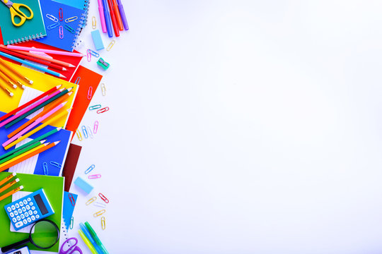 School supplies on a white background with copy space