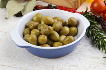 Green olives in the bowl