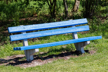 Naklejka premium Blue bench in a public park
