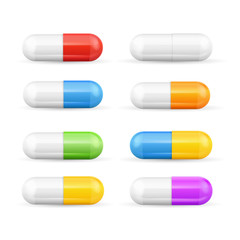 Different Colours Pills Capsules Set. Vector