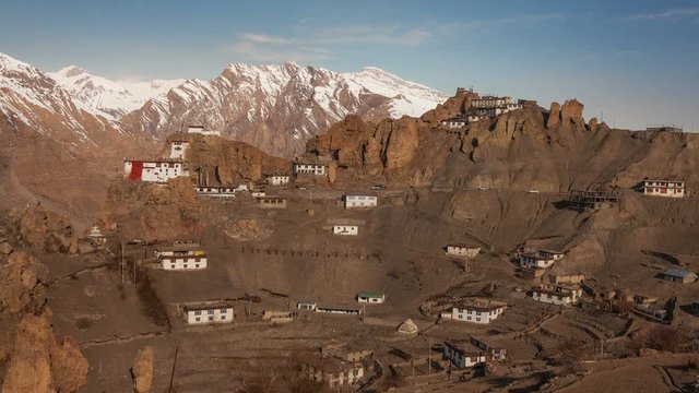 Time lapse of Dhankar Gompa Monastery (3894 m) at sunset. Spiti valley, Himachal Pradesh, India.