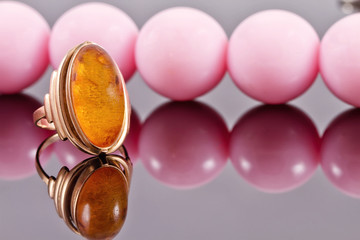 Large gold womens ring with amber