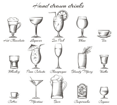 Hand Drawn Drinks. Vector Sketch Of Alcoholic And Non-alcoholic Beverages