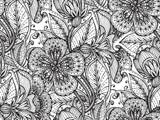 Vector seamless pattern with hand drawn fancy flowers