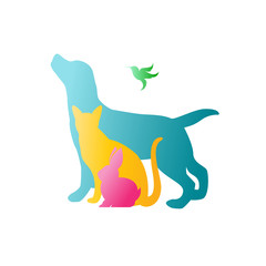 Naklejka premium Vector group of pets - Dog, cat, rabbit, humming bird isolated