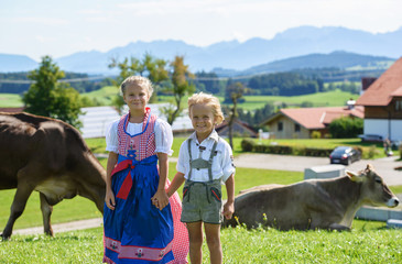 Happy Bavarian boy with sister drinking milk on the meadow with cow . Alps in background . 