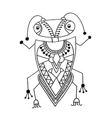 black and white handmade liner drawing of ethnic beetle in flat 