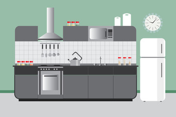 Kitchen Elevation with Cabinets Fridge Hood Microvawe. Flat Vector Interior Design in Green Grey and White Color