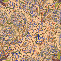 Paisley vintage floral motif ethnic seamless background. Printable colors abstract lace pattern. Editable colors without losing seamlessly. Hand drawing motley wallpaper. EPS-8 vector buta texture
