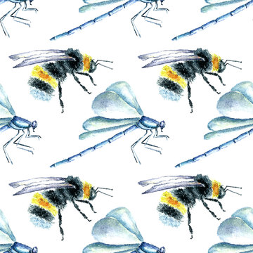 Watercolor Bumblebees and Dragonfly seamless pattern..