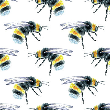 Watercolor Bumblebees seamless pattern.