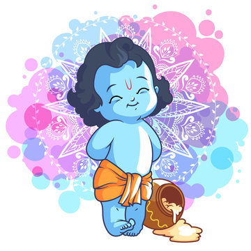 Little cartoon Krishna with a pot of butter.