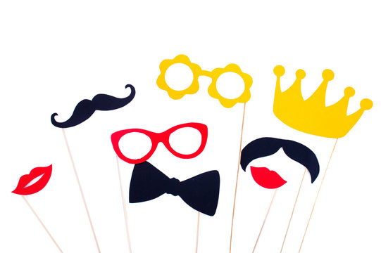 Photo booth props glasses, mustache, crown, lips isolated on white background. Birthday and Party Set and wedding.