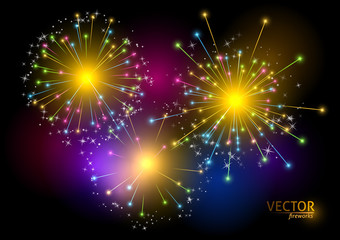 Colorful fireworks on black background. Vector illustration.