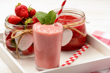 Healthy tasty milk cocktails with strawberries and banana.