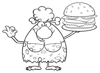 Black And White Cave Woman Cartoon Mascot Character Holding A Big Burger And Gesturing Ok. Illustration Isolated On White Background