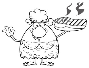 Black And White Cave Woman Cartoon Mascot Character Holding Up A Platter With Big Grilled Steak And Gesturing Ok