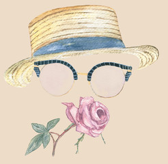 set romance. Hat of straw, glasses and rose. Watercolor - 113872833