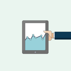 Flat design of businessman holding digital tablet, isolated with graph illustration.

