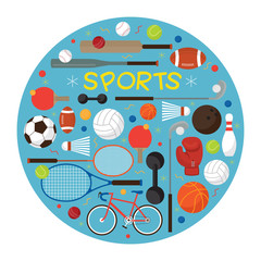 Sports Equipment, Flat Icons Label, Objects, Recreation and Leisure, Blue Background