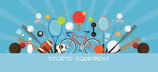 Zelfklevend Fotobehang Sports Equipment, Flat Icons Display Banner, Objects, Recreation and Leisure, Blue Background © muchmania