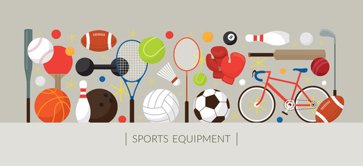 Sports Equipment, Flat Icons Display Banner, Objects, Recreation and Leisure - obrazy, fototapety, plakaty