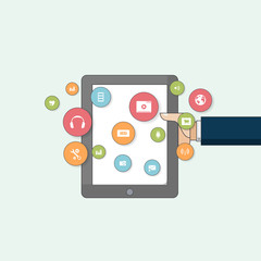 Flat design of businessman holding digital tablet, isolated with cloud computing elements.

