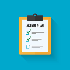 Action plan clipboard icon design over a blue background. Board goal check list icon. Vector flat style design with long shadow. - obrazy, fototapety, plakaty