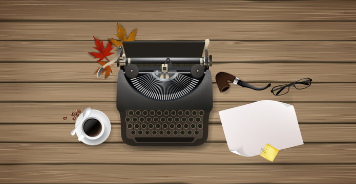 Top view of Hipster theme still life. Typewriter and other objects. Vector illustration.

