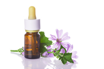Frasco cuentagotas con aceite esencial o extracto de flor de malva aislado sobre un fondo blanco para uso como medicinas alternativas