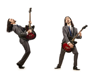 Funny guitar player isolated on white